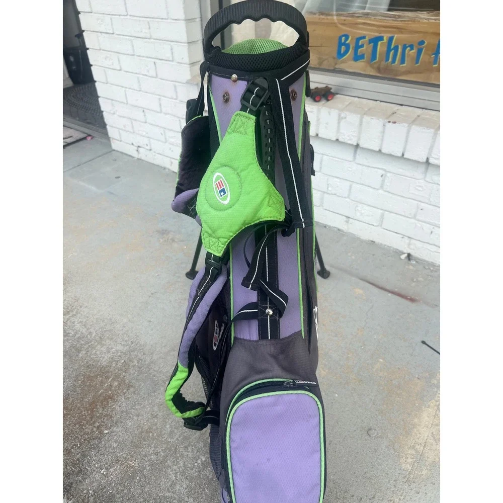 US Kids Golf Junior Stand Bag Purple Lime Green Lightweight Dual Strap USKG57